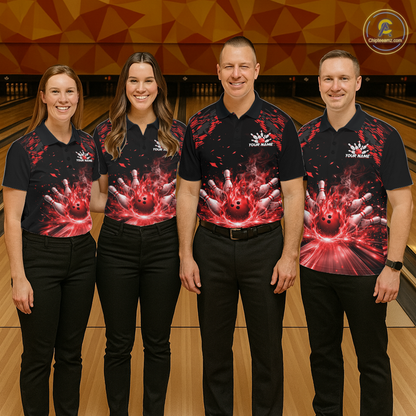 Custom Red Flame Bowling Team Shirt for Men Polo & 1/4-Zip Bowling Jersey Bowling League Uniform QZT866
