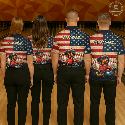 Custom American Flag Retro Dachshund Bowling Shirt Bowling Team Jersey for Men Polo & Quarter-Zip QZT942