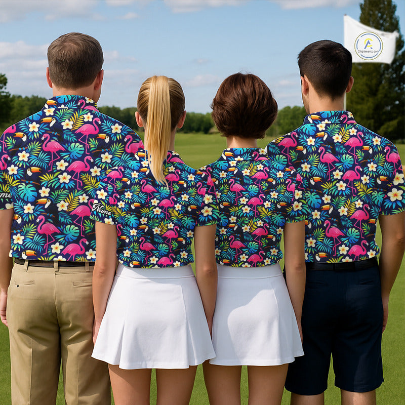 Mens Golf Polo Shirt Flamingo Floral Pattern, Colorful Tropical Leaves Custom Team Golf Shirt NHN0194
