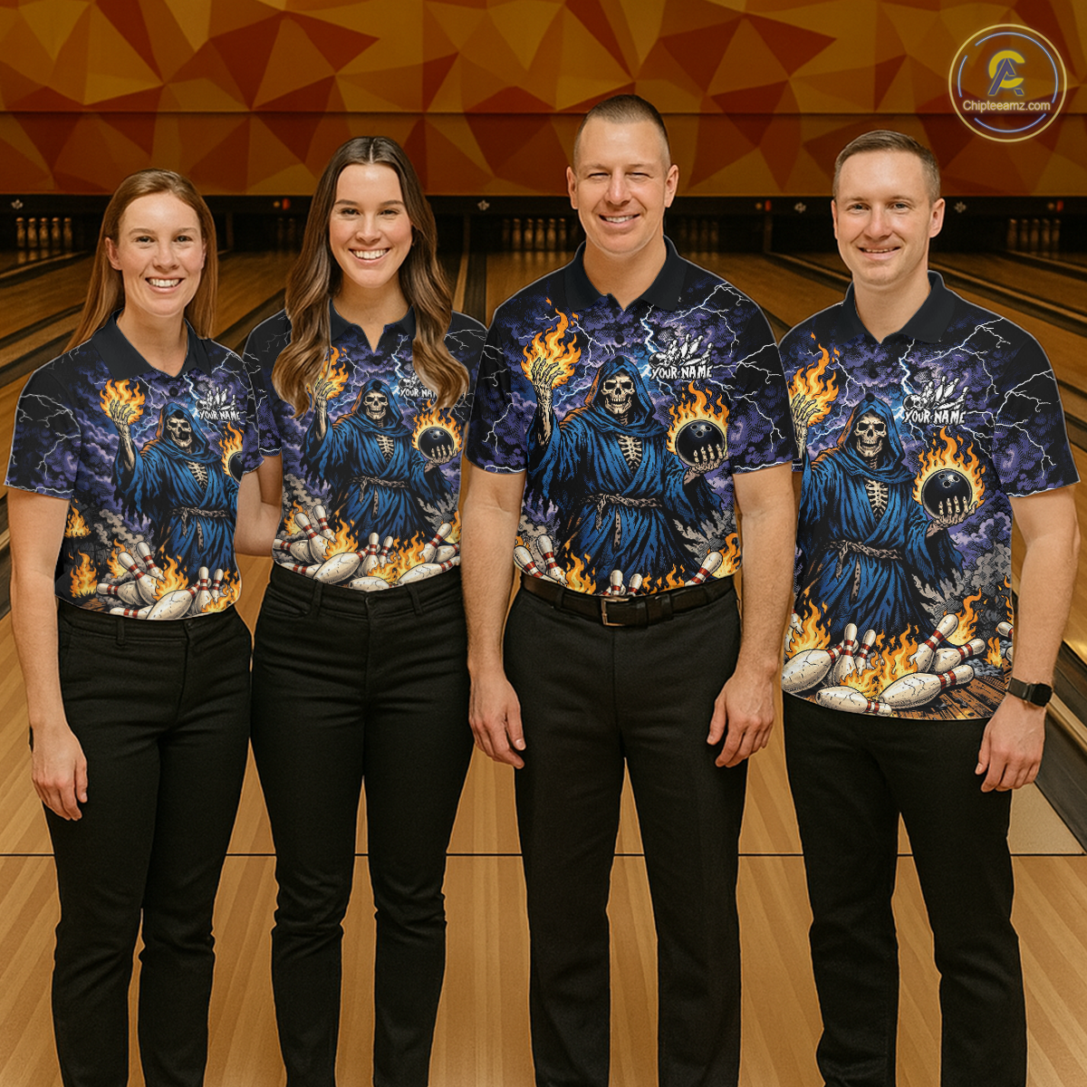 Custom Flame Grim Reaper Bowling Jersey for Men Polo & 1/4 Zip Bowling Team Shirts HNT222
