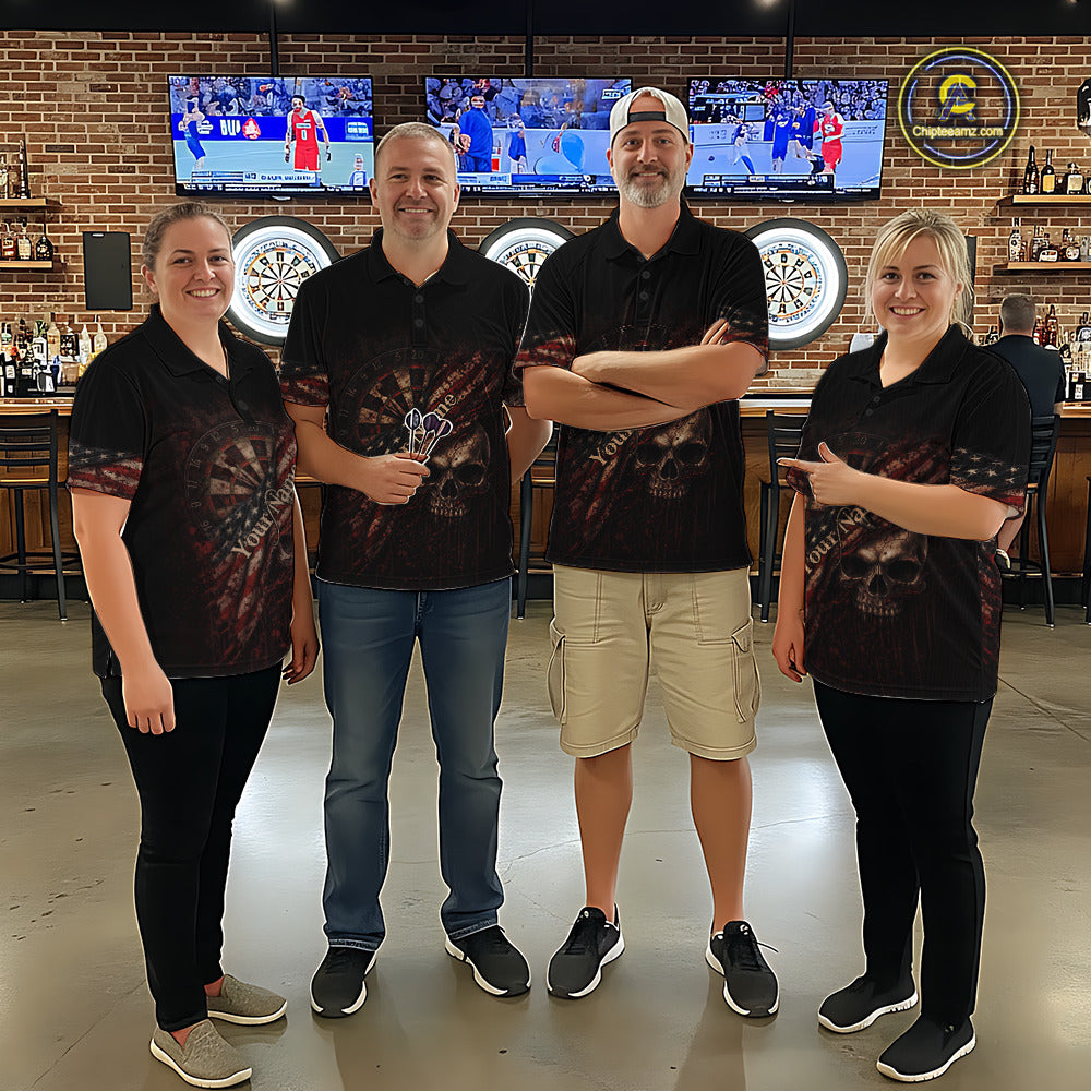 Red Grunge Retro Amercian Flag Dartboard Men Dart Polo Shirt Custom Skull Dart Team Jerseys NYN2542