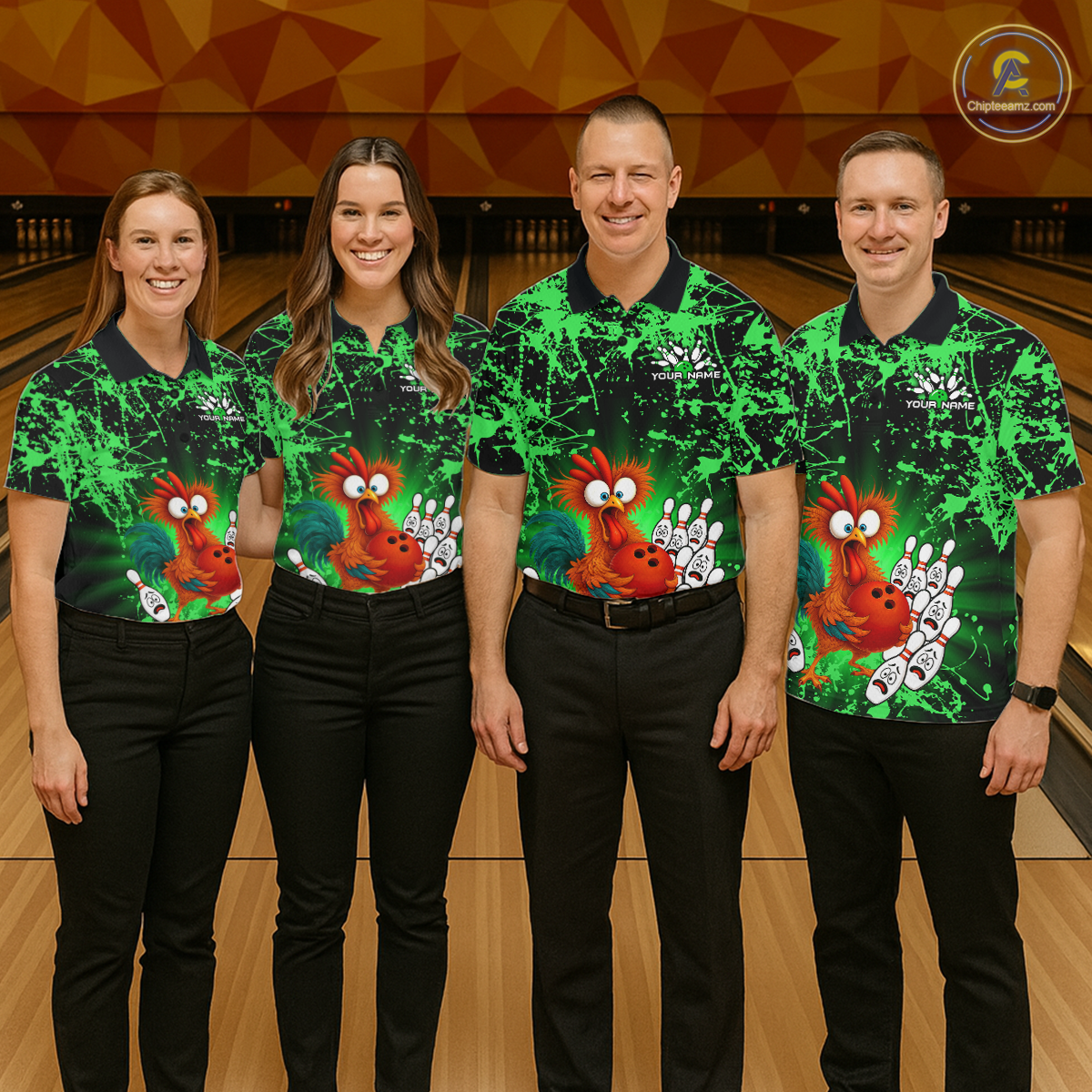 Green Funny Chicken Bowling Jersey for Men Bowling League Bowling Team Shirts Polo & 1/4 Zip HN232