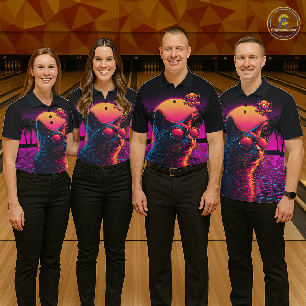 Custom Funny Cat Retro Sunset Bowling Jersey for Women Bowling Uniform Bowling Team Shirts HNT279