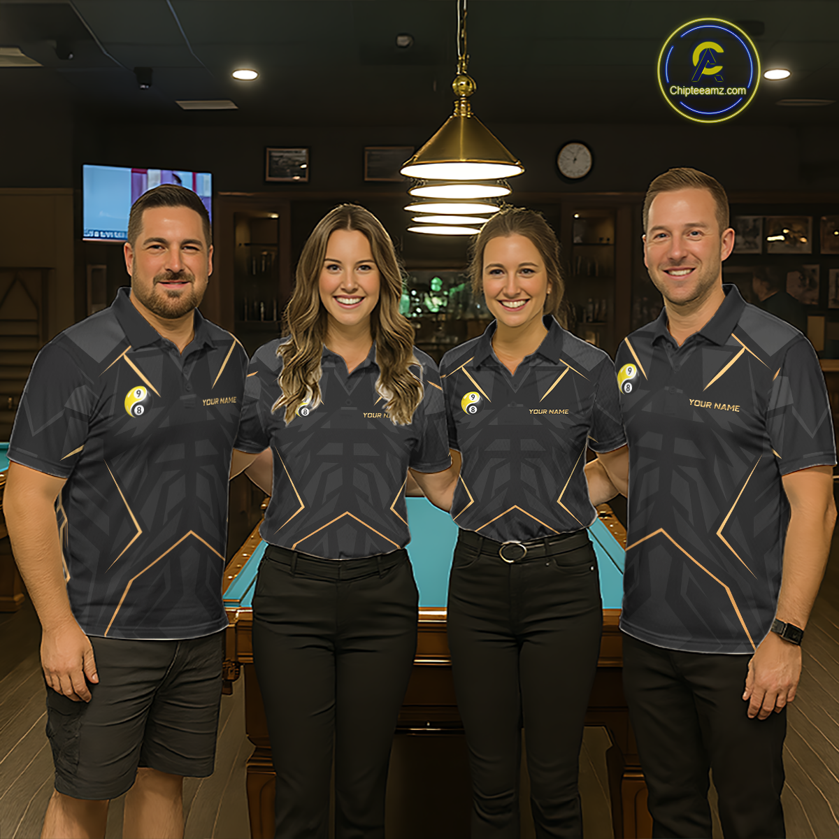 Custom Black Gold 8 Ball 9 Ball Yin Yang Pool Shirts Billiard Shirt for Women Billiard Team Jersey NNT179