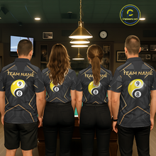 Load image into Gallery viewer, Custom Black Gold 8 Ball 9 Ball Yin Yang Pool Shirts Billiard Shirt for Men Billiard Team Jersey NNT179