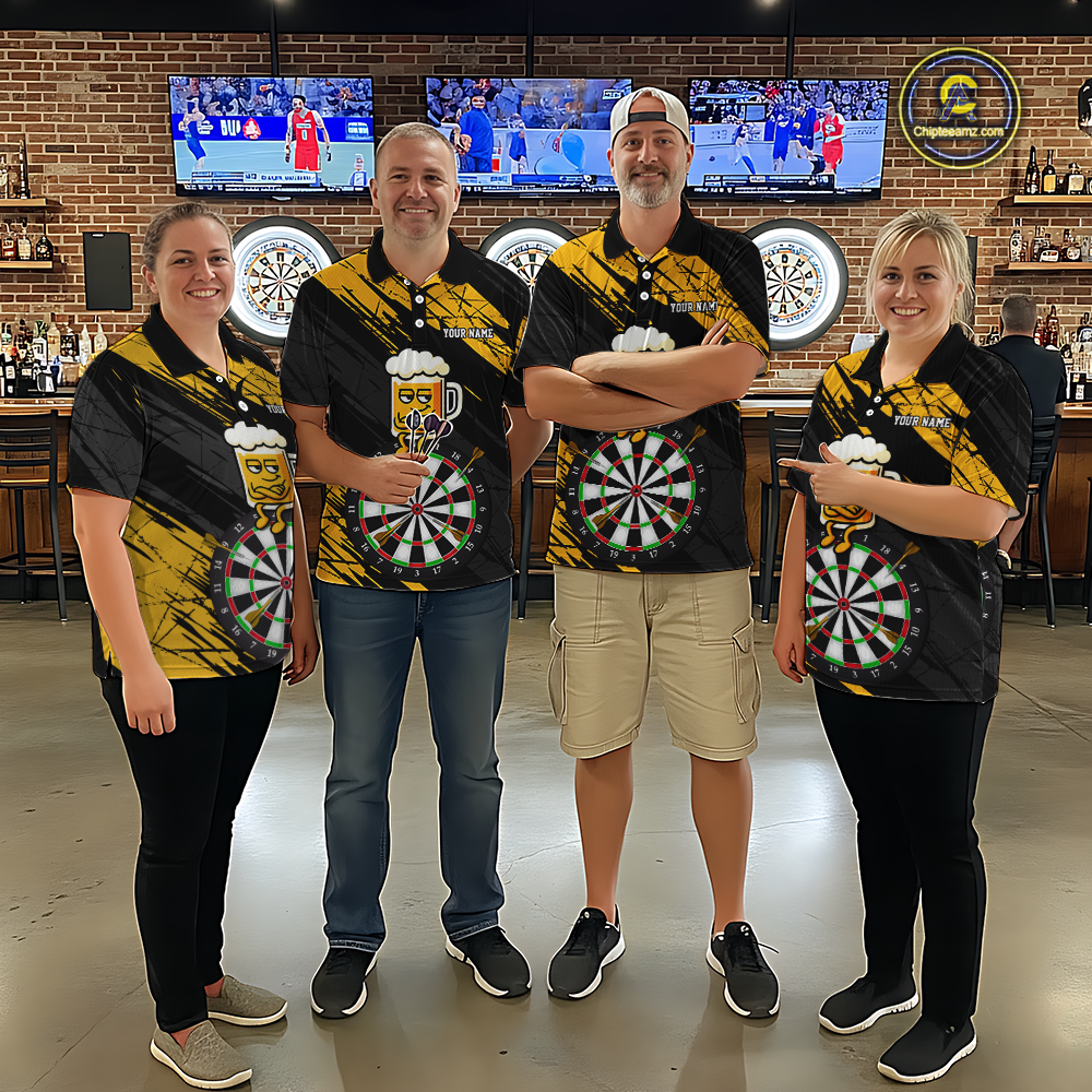 Custom Yellow Funny Beer Darts Board Dart Shirts For Men Darts Team Jerseys Dart Tournament NNT120