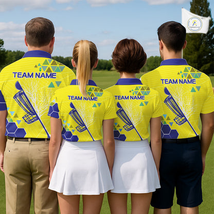 Blue And Yellow Hexagon Pattern Mens Disc Golf Polo Shirts Custom Team Disc Golf Jerseys NHN0031
