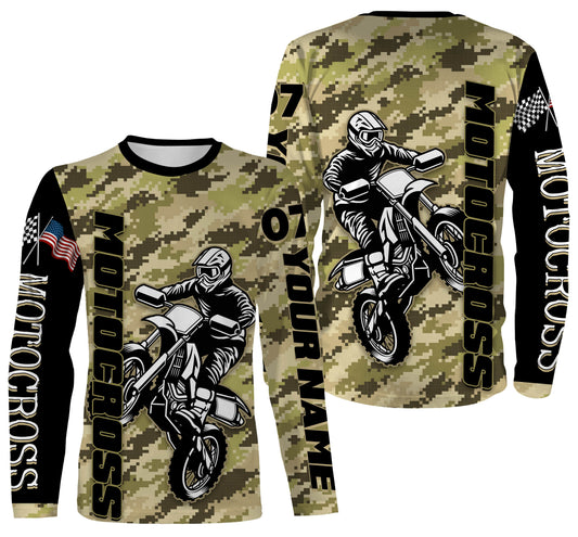 Motocross Rider Personalized Long Sleeves Hoodie T-shirt, Camo All Over Printed Motorcycle Off-road Racing| NMS299