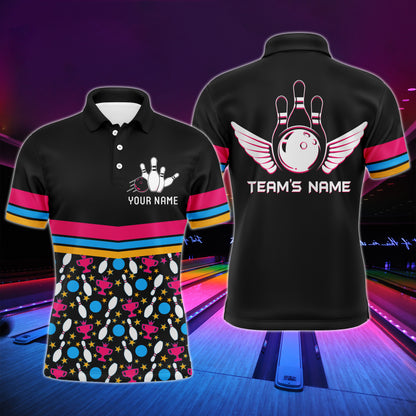 Personalized Men Polo Bowling Shirt Colorful Balls and Pins Champion Short Sleeves Men Bowlers NBP11
