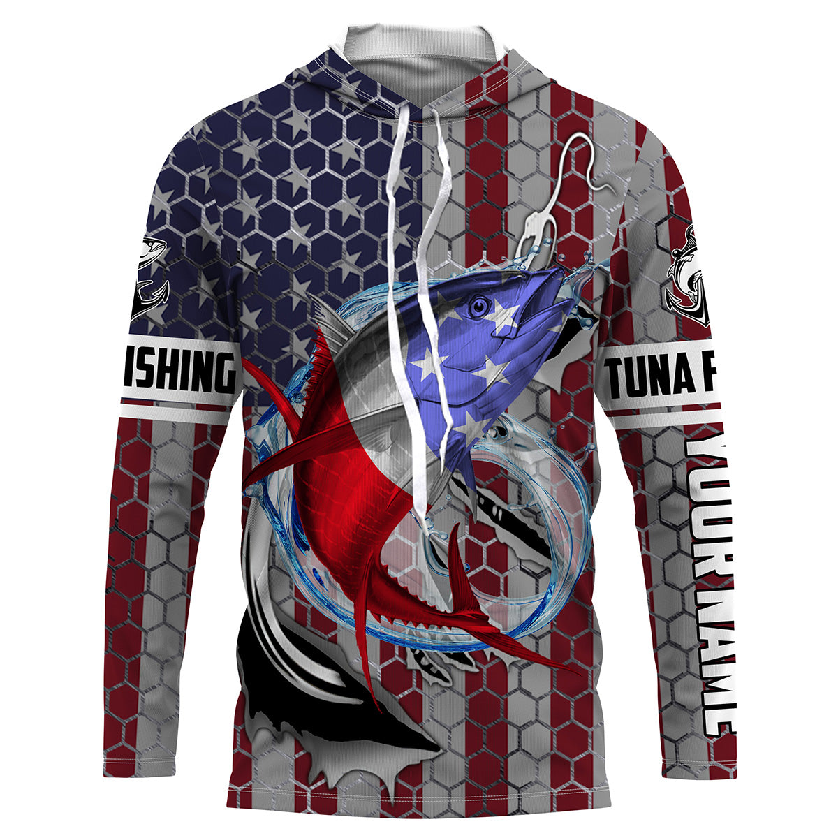 Personalized Tuna Fishing Fish Hook Vintage American Flag Saltwater Fishing UV Protection Fishing Shirts HVFS057