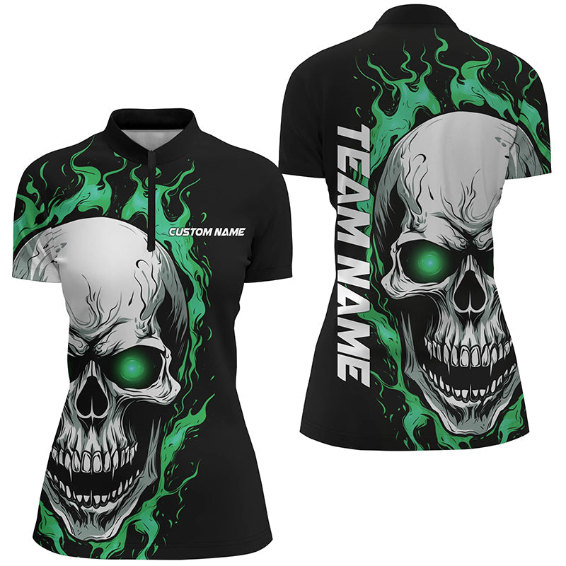 Sea Foam Green Skull Women Sport Jerseys, Custom Team Bowling Ladies Quarter Zip Shirts IPHW5271