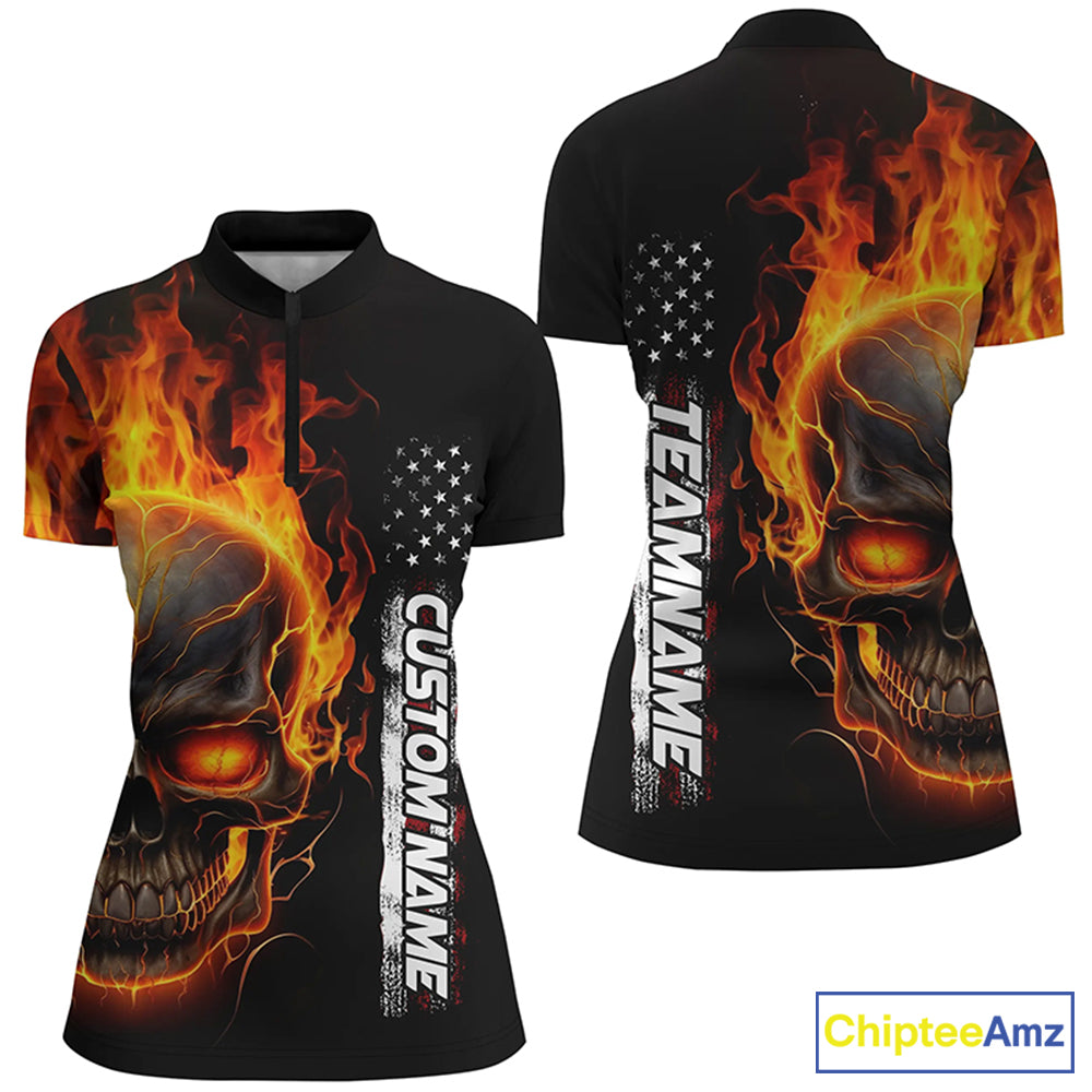 Flame Skull Custom Bowling Quarter Zip Shirts For Women,  American Bowling Team Jerseys IPHW5275