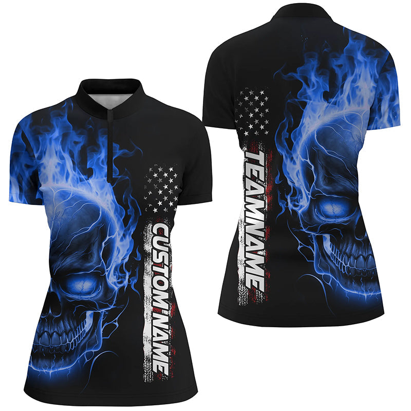 Blue Flame Skull Custom Bowling 1/4 Zip Shirts For Women,  American Bowling Team Jerseys IPHW5277