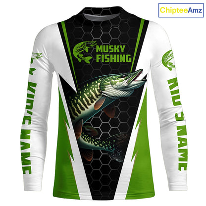 Personalized Musky Fishing Long Sleeve Tournament Fishing Shirts, Musky Fishing Jerseys |Green IPHW6142