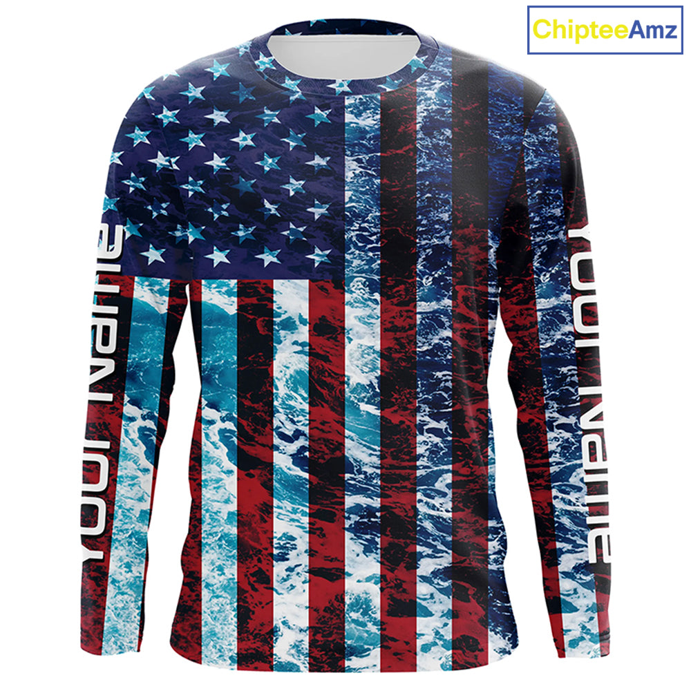 Custom Saltwater Long Sleeve Uv Fishing Shirts, American Flag Sea Wave Camo Fishing Shirts IPHW5028