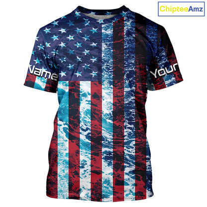 Custom Saltwater Long Sleeve Uv Fishing Shirts, American Flag Sea Wave Camo Fishing Shirts IPHW5028
