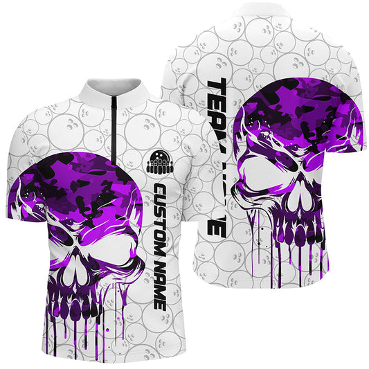 Custom Purple Camo Skull Bowling Quarter Zip Shirts Men Team Bowling Jerseys Bowling League IPHW5326