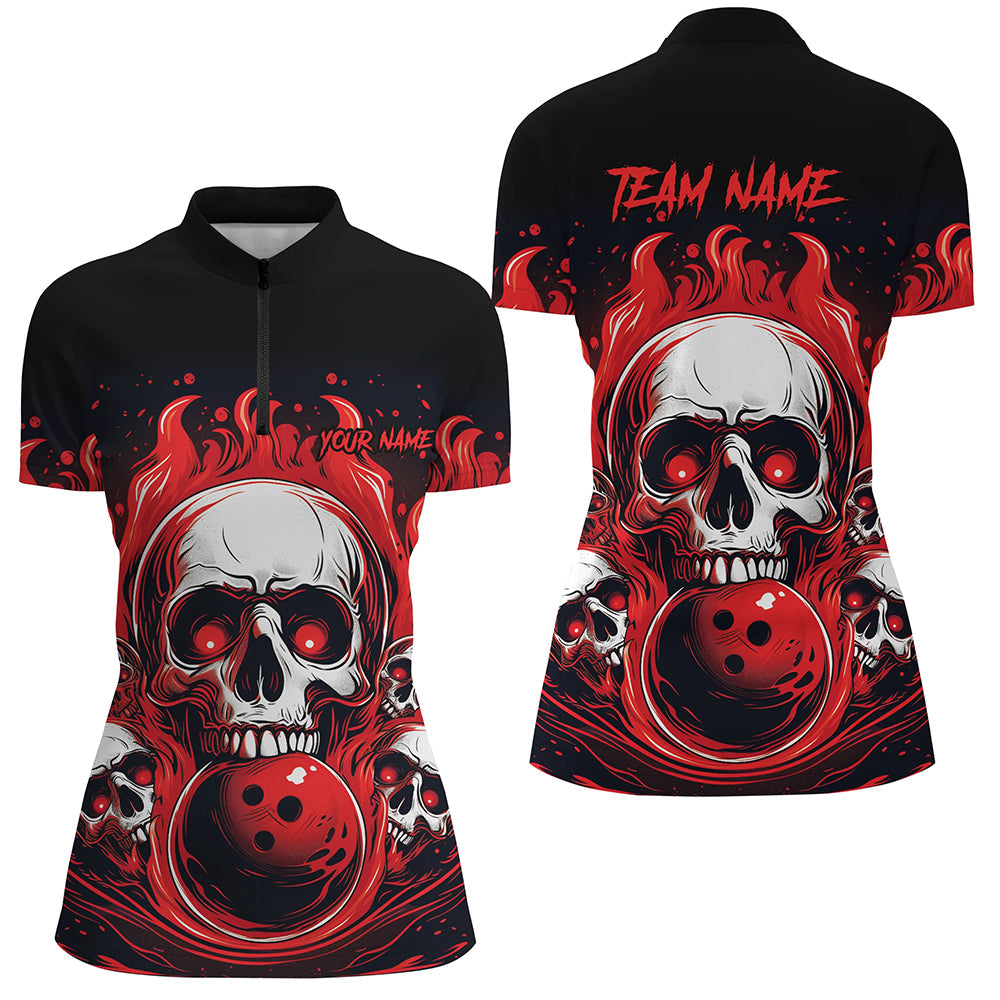 Custom Red Skull Bowling Team Shirts, Flame Bowling Jerseys Bowlers Shirts For Women IPHW5841