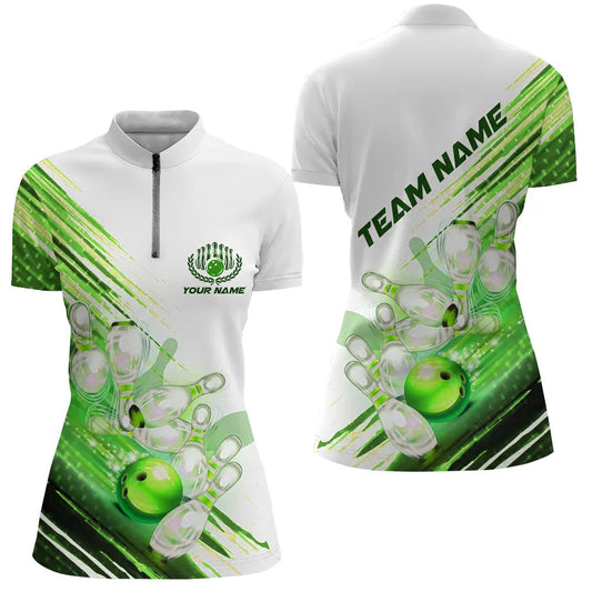 Green Custom Bowling Shirts Women Bowling Quarter Zip Shirts Custom Team Bowling Jerseys IPHW5371