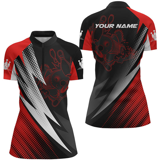 Custom Red black bowling shirt for women – personalized team jersey front view