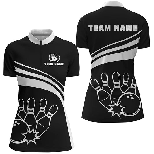 Personalized bowling Quarter Zip shirts for women, black white womens bowling shirts team bowl jersey NQS6875