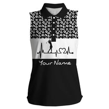 Load image into Gallery viewer, Women's sleeveless golf polo shirt golf heartbeat custom name leopard pattern golf shirt, golf gifts NQS4959