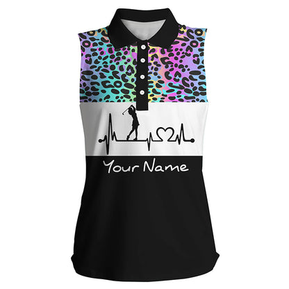Women's sleeveless golf polo shirt custom rainbow gradient leopard golf heartbeat, golfing gifts NQS4961