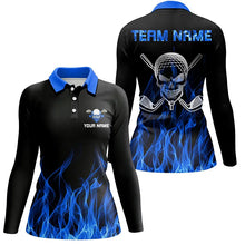 Load image into Gallery viewer, Black Womens golf polo shirt custom blue flame skull golf clubs, personalized golf gifts for women NQS6726