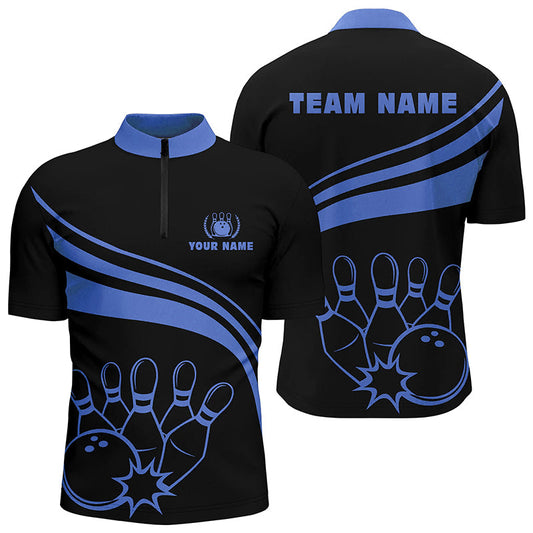 Personalized bowling Quarter Zip shirts for men, black men's bowling shirt team bowl jersey | Blue NQS6924