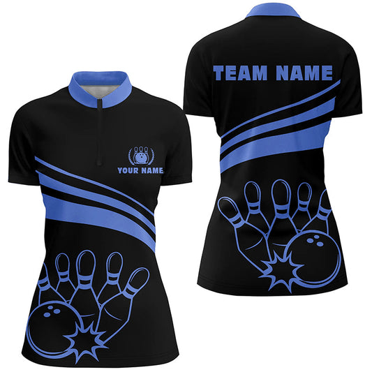 Personalized bowling Quarter Zip shirts for women, black womens bowling shirts team bowl jersey | Blue NQS6924