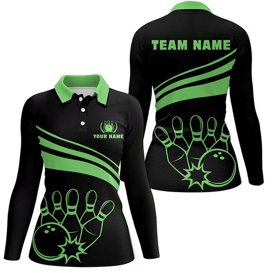 Personalized polo bowling shirts for women, custom black womens bowling shirts team bowl jersey| Green NQS6925