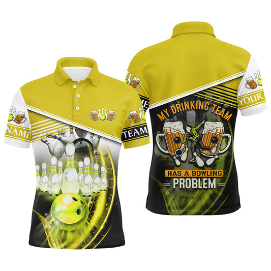 Mens polo bowling shirts Custom My drinking team has a bowling problem team league jerseys | Yellow NQS7015