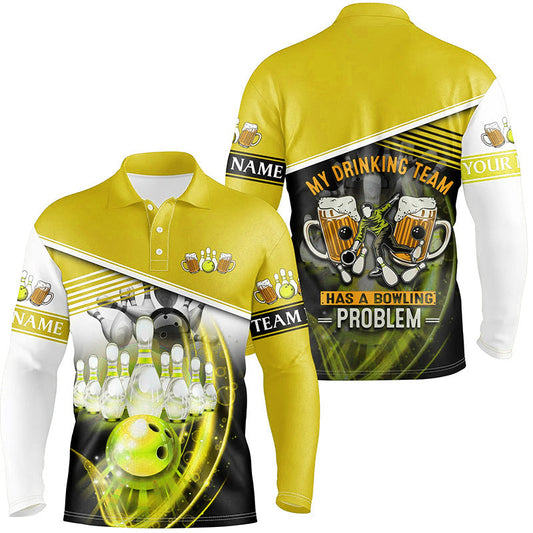 Mens polo bowling shirts Custom My drinking team has a bowling problem team league jerseys | Yellow NQS7015