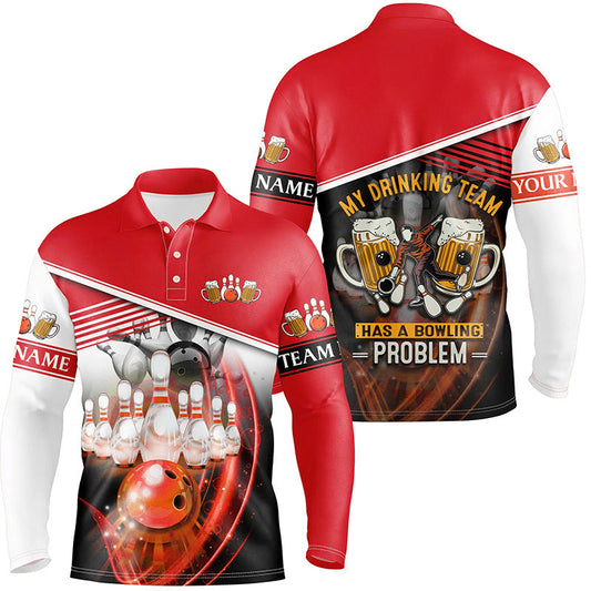 Mens polo bowling shirts Custom My drinking team has a bowling problem team league jerseys | Red NQS7016