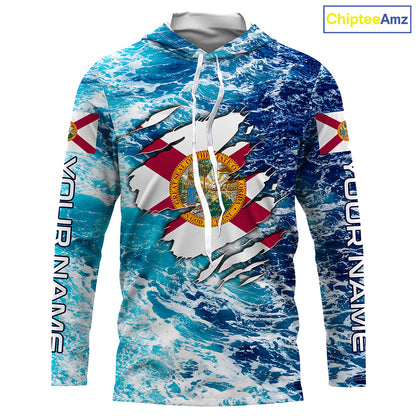 Blue sea wave ocean camo Florida flag shirt Custom sun protection fishing fishing long sleeve shirts NQS3455