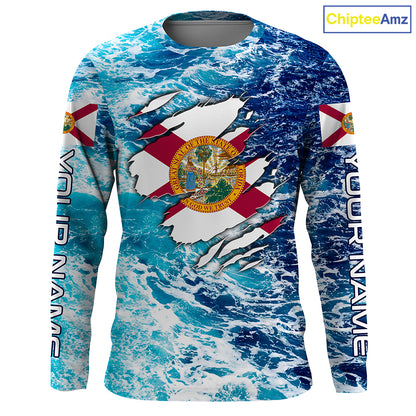 Blue sea wave ocean camo Florida flag shirt Custom sun protection fishing fishing long sleeve shirts NQS3455