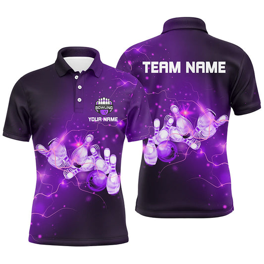 Mens Bowling Polo Shirts Custom Purple flashes of lightning thunder bowling team Mens Bowler Jerseys NQS7045