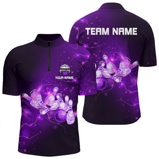Mens Bowling Quarter-Zip Shirts Custom Purple flashes of lightning thunder bowling team Mens Jerseys NQS7045