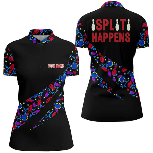 Split Happens Personalized Bowling camo Shirt for Women, team League Bowling Jersey Lady Quarter-Zip NQS6869