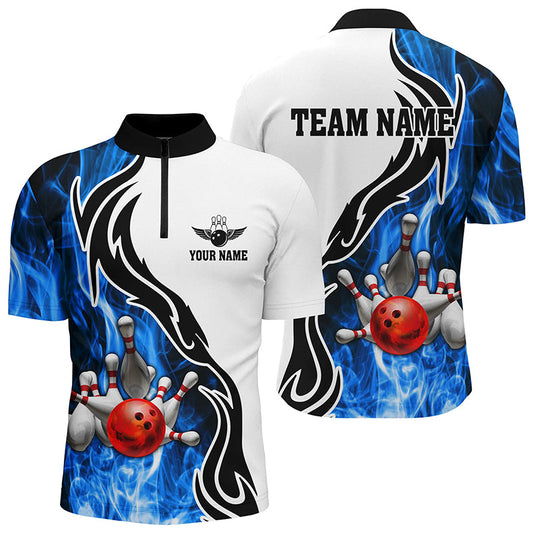 Mens bowling Quarter Zip shirt Custom bowling ball pins strike team league jersey, bowl gifts | Blue NQS6404