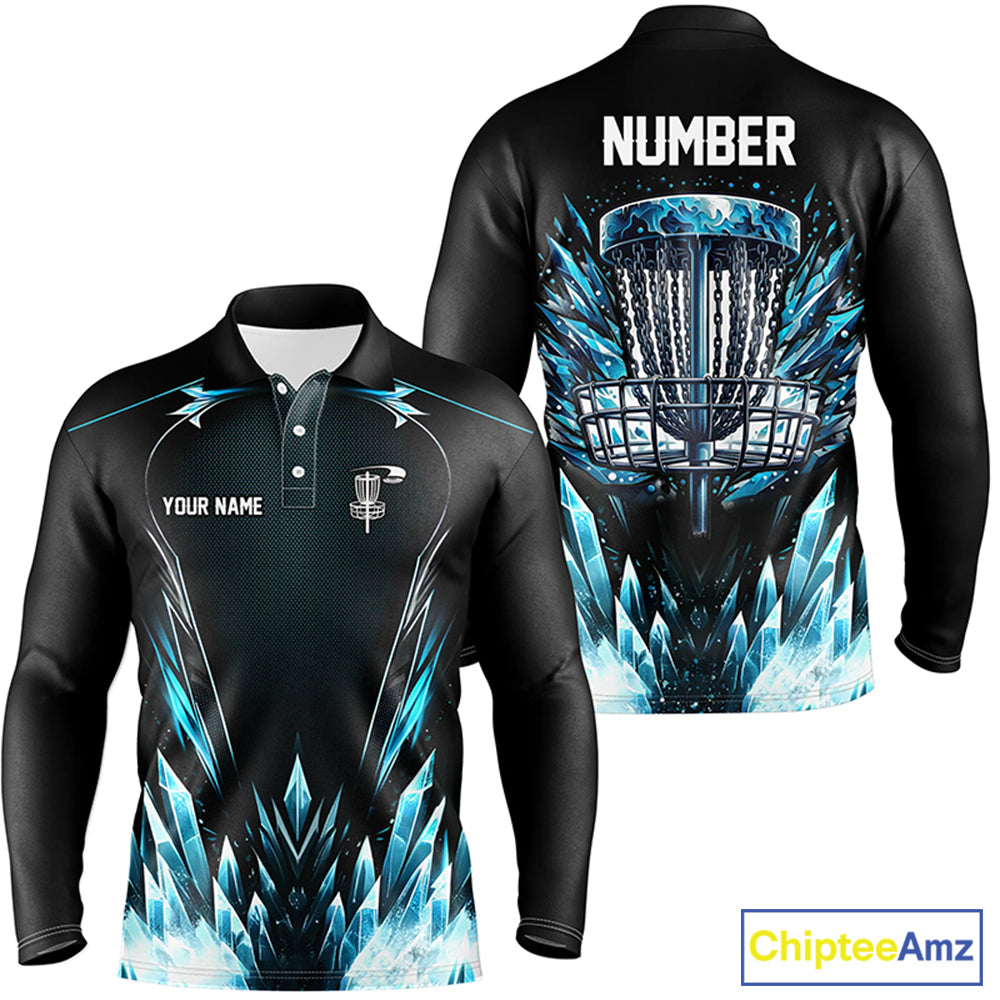 Icy blue Mens Disc golf polo shirts custom black disc  golf basket jerseys, disc golf shirts NQS7323