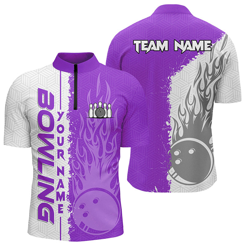 Men bowling Quarter Zip shirts Custom white and purple flame Bowling ball and pins Team league Jerseys NQS7329