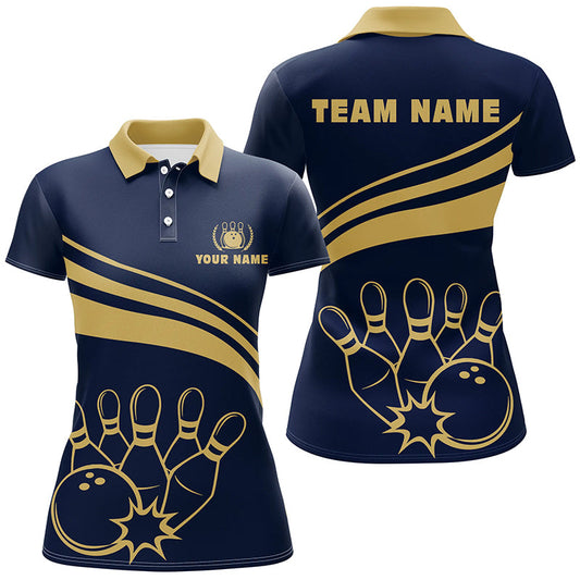 Personalized polo bowling shirts for women, custom gold womens bowling shirts team bowl jersey | Navy NQS6707