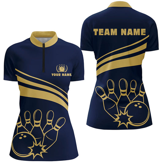 Personalized bowling Quarter Zip shirts for women, gold womens bowling shirts team bowl jersey | Navy NQS6707