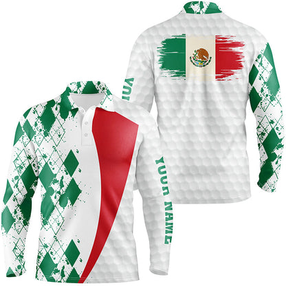 Mens golf polos shirts custom Mexico flag green argyle pattern white golf ball men's golf shirts NQS6472