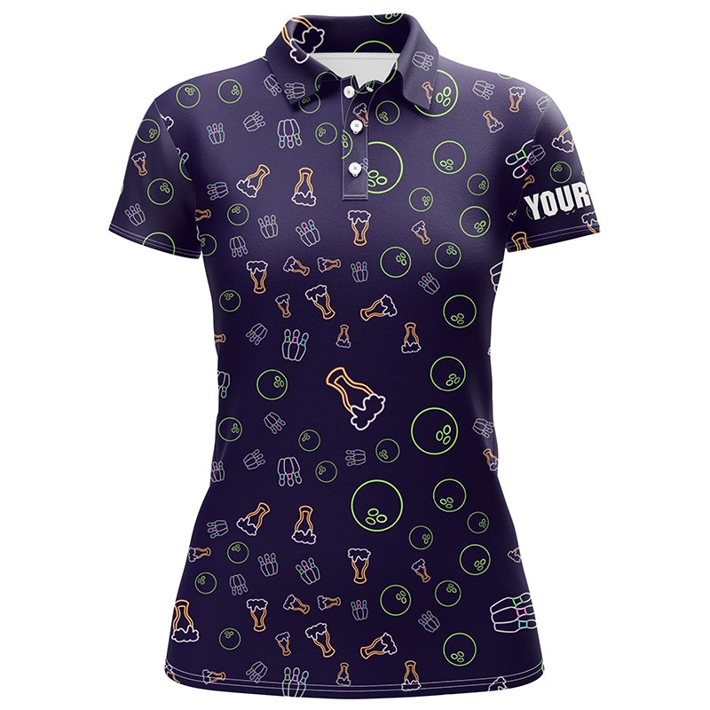 Neon beer glowing Bowling pattern Custom Women bowling polo shirt, bowling team league jerseys NQS6763