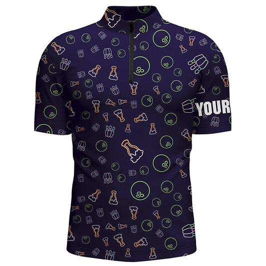 Neon beer glowing Bowling pattern Custom Mens bowling Quarter Zip shirt, bowling team league jerseys NQS6763