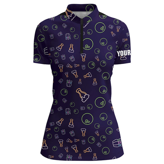 Neon beer glowing Bowling pattern Custom Women bowling Quarter Zip shirt , bowling team league jerseys NQS6763