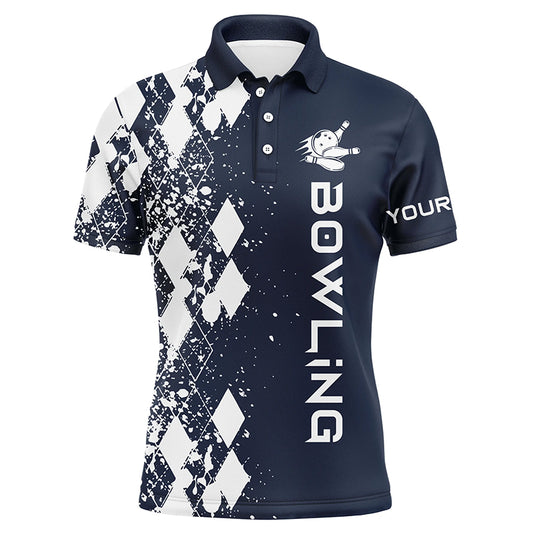 Custom navy bowling shirt for men – personalized team jersey front view