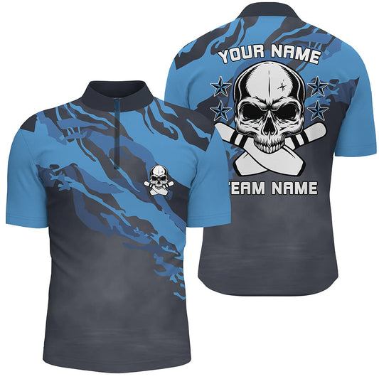 Personalized blue camo Skull Bowling Quarter Zip Shirt for men Custom Team's Name men Bowler Jersey NQS6411
